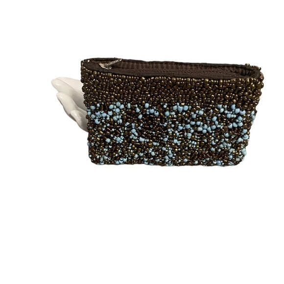 Beaded sky blue and brown beads clutch, Size 8 by 5 - Picture 3 of 8